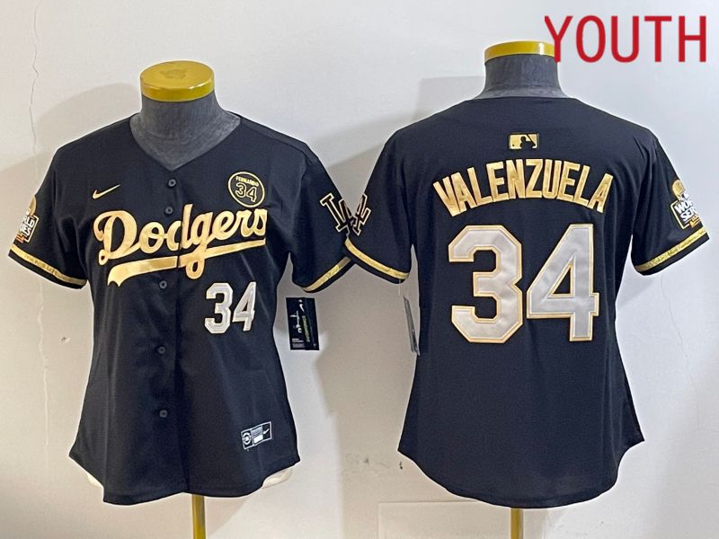 Youth Los Angeles Dodgers #34 Valenzuela Black Gold Fashion Nike 2024 MLB Jersey style 1120
